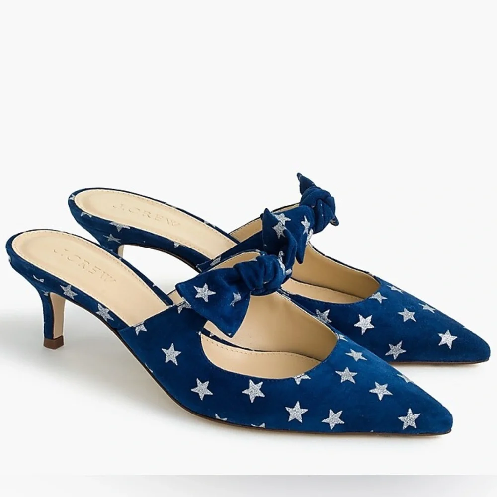 J. CREW Sophia Blue Suede Silver Star Accent Low Heel Mules Women’s Size 8.5 - Picture 1 of 8
